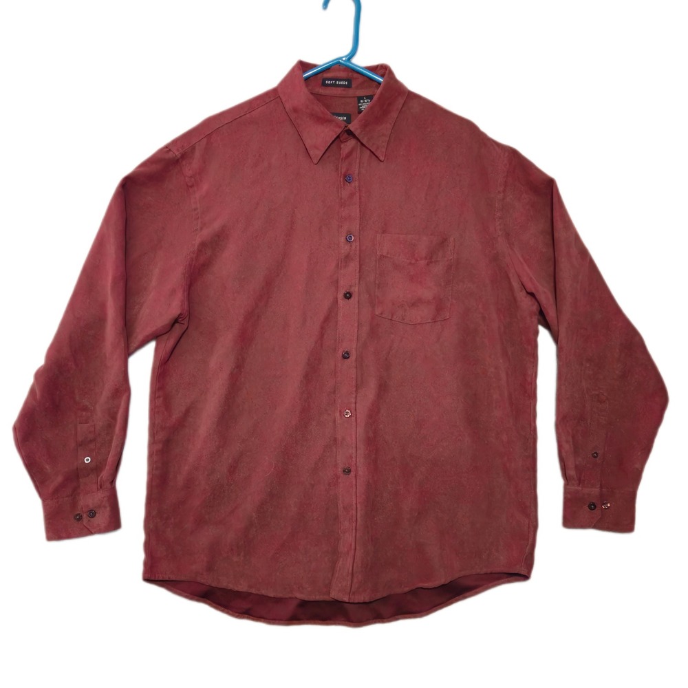 Van Heusen Soft Suede Shirt Mens Large Burgundy Faux Suede Long Sleeve Button Up